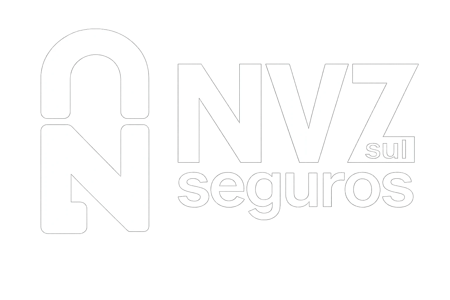 Logotipo branco da NVZ Sul Seguros com ícone em formato de cadeado e o nome da empresa em fundo transparente.