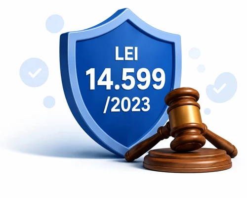 Lei 14.599/2023 sobre seguro obrigatório para transportadores, representada por um escudo azul e um martelo da justiça.